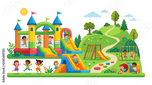 Children Playing on Inflatable Bouncy Castle.