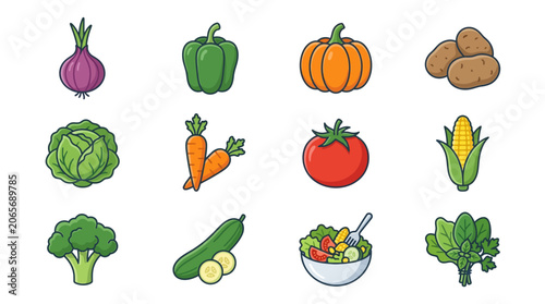 Colorful vegetables and fruits icons set.