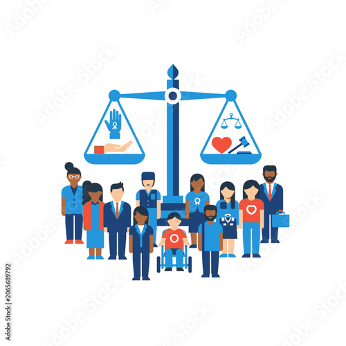 Diverse people group standing with scales of justice icon.