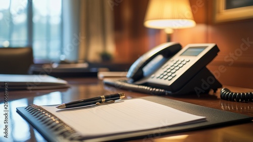 Executive desk setup with notebook, pen, and professional office telephone.