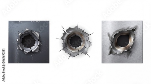 Three metal plates with realistic bullet holes