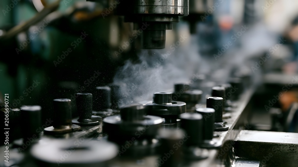 Naklejka premium A detailed view of a mechanical assembly line in an industrial setting with moving parts dust and smoke in the air
