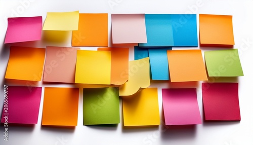 scattered colorful blank sticky notes isolated on white background