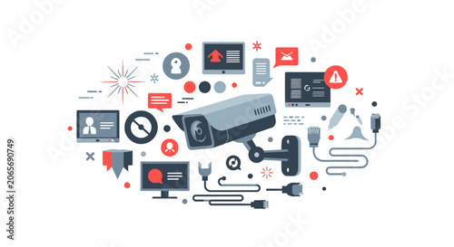Surveillance Camera and Cybersecurity Concept Illustration with Digital Monitoring, Network Data, and Security Icons in Flat Design