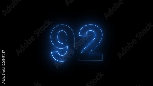 Neon Number 92 Animation with Glowing Electric Light Effect on Dark Background.