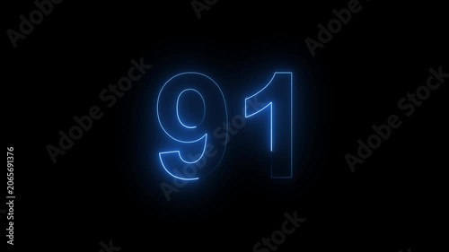 Neon Number 91 Animation with Glowing Electric Light Effect on Dark Background.