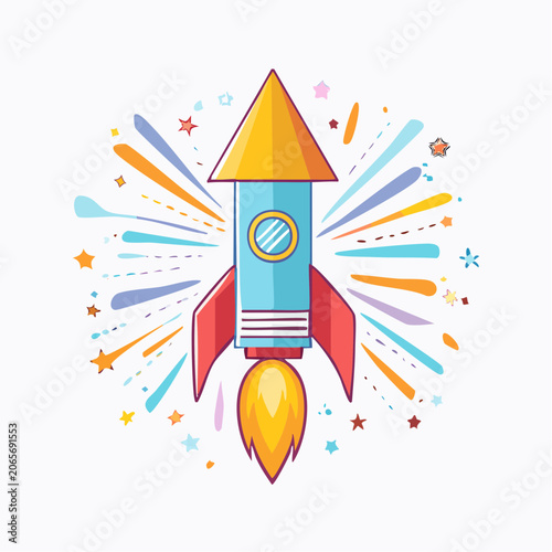 Cartoon Rocket Launching with Colorful Fireworks and Stars