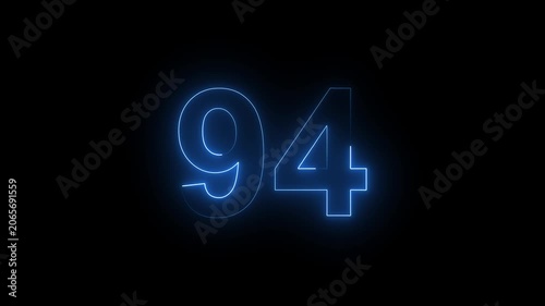 Neon Number 94 Animation with Glowing Electric Light Effect on Dark Background.