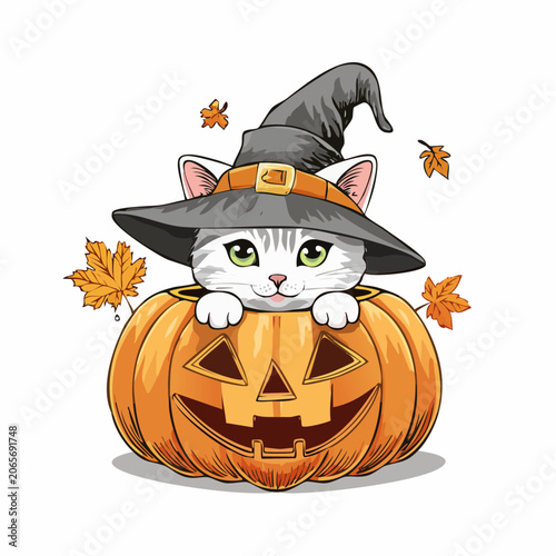 Cute Cat Wearing Witch Hat in a Halloween Pumpkin