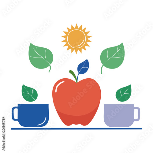 Flat design illustration of red apple with sun and coffee cups