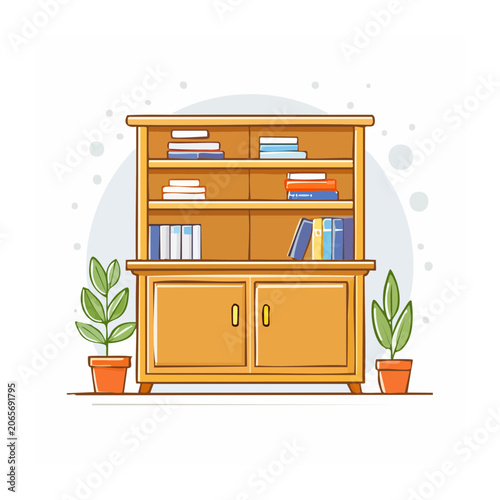 Flat design illustration of a wooden bookshelf with books and plants