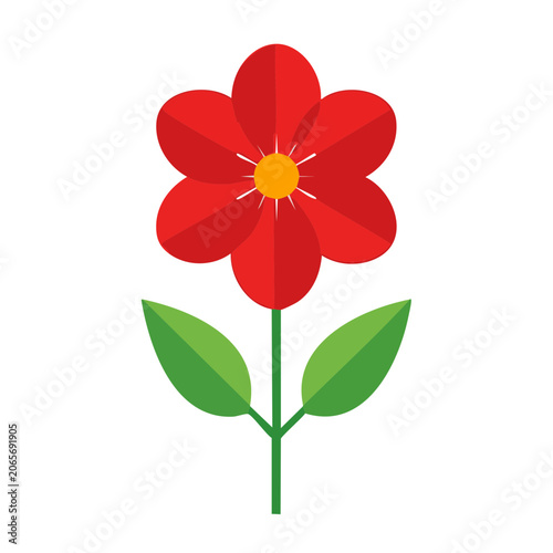 Red flower with green leaves flat illustration