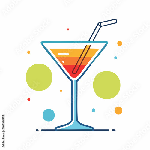 Stylized Martini Glass with Colorful Drink and Straw