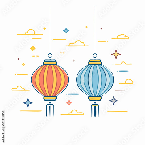 Two hanging lanterns with clouds and stars