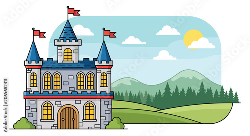 Картината върху платно Flat style vector illustration of a fantasy castle with towers under sunny sky