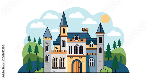 Photos Flat style vector illustration of a fantasy castle with towers under sunny sky