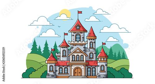 Cuadro en lienzo Flat style vector illustration of a fantasy castle with towers under sunny sky