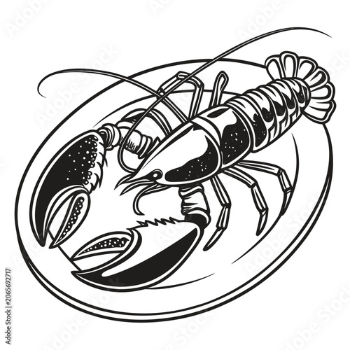 Lobster On Plate image vector. Black and white Lobster On Plate Image isolated on white background.