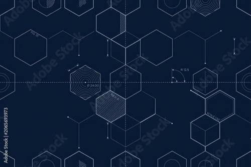 Abstract technical blueprint pattern with hexagonal shapes, geometric lines, dimension markers, and numerical data on a dark blue background