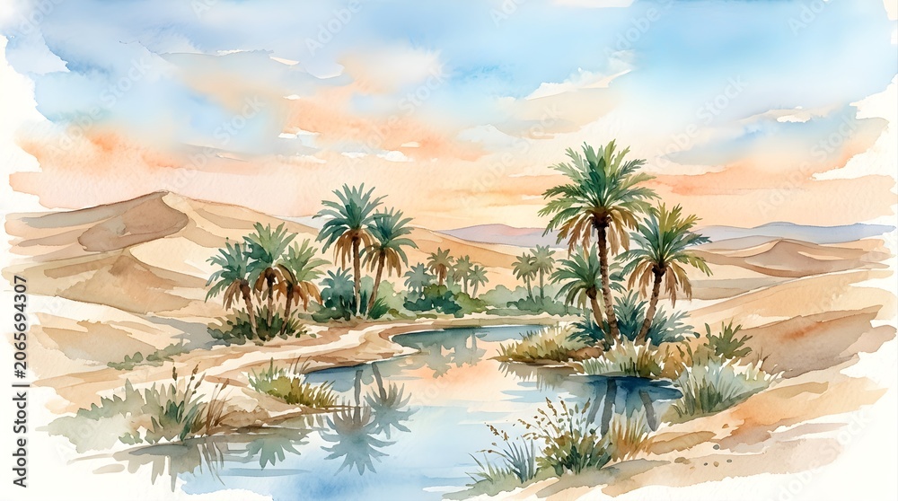 Fototapeta premium oasis, desert, palm trees, watercolor, painting, landscape, water, stream, river, lake, pond, sand, dunes, sahara, nature, wilderness, scenic, illustration, artwork, fine art, tranquil, peaceful, suns
