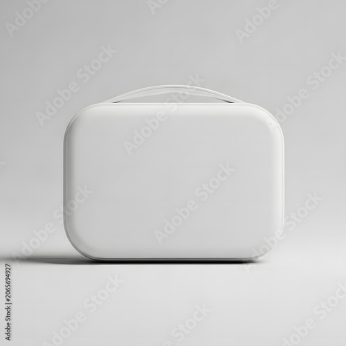Minimalist matte white hardshell first aid kit case with handle isolated on neutral grey background. Front view of a clean medical emergency supply container or travel vanity box mockup.