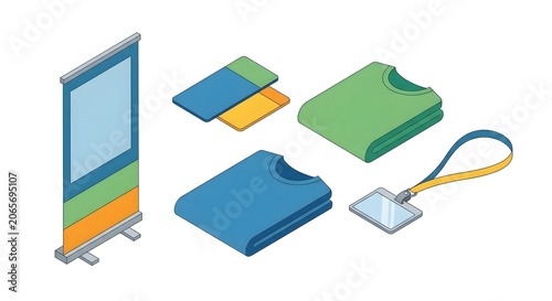 Isometric illustration of event branding items including a roll-up banner stand, folded blue and green sweatshirts, identity name badge with lanyard, and business cards on white.