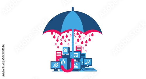 Cybersecurity Data Protection Concept: Umbrella Shielding Computer Network and Binary Code Rain for Information Security and Digital Privacy