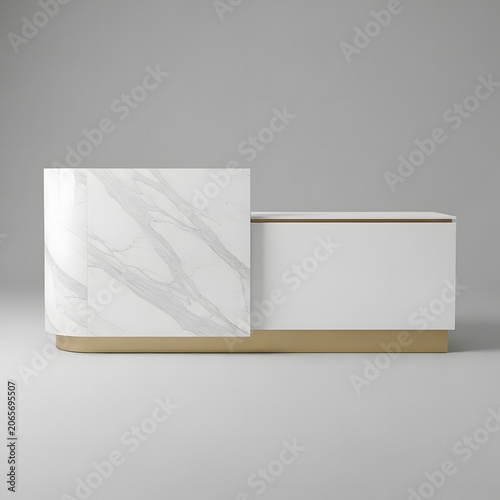 Modern Luxury Reception Desk with White Marble Texture and Gold Metallic Base. Minimalist Counter for Dental Clinic, Medical Office, Spa, or Hotel Lobby Isolated on Grey Background.