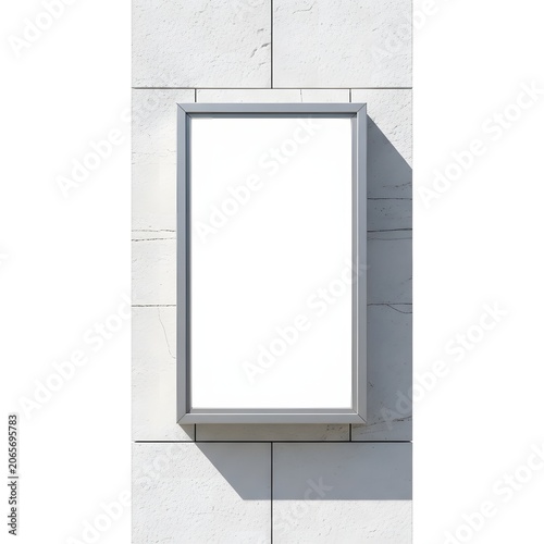Blank vertical rectangular sign mockup with silver frame mounted on white textured stone facade. Modern medical clinic or office building exterior signage template for branding.