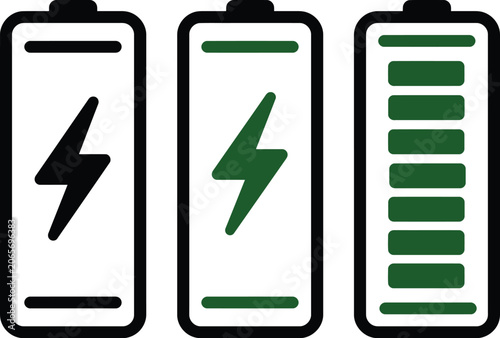 Battery vector illustration set charging status power icons