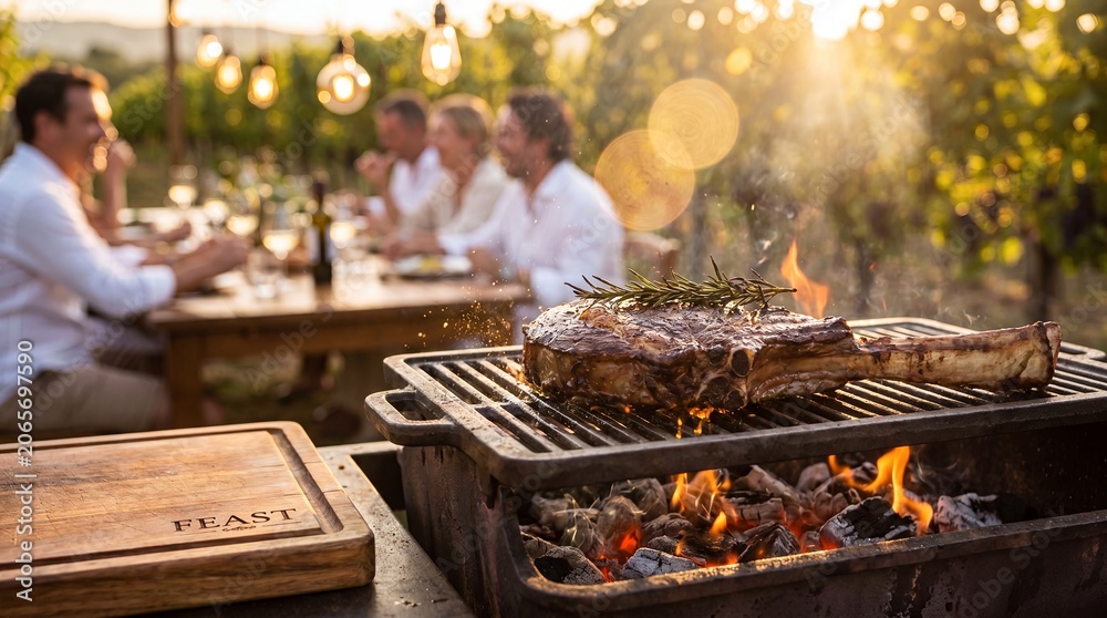 Obraz premium Juicy tomahawk steak grilling on open flame barbecue during a vineyard dinner party.