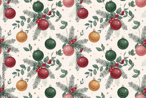 Seamless christmas pattern with watercolor red, green, and gold baubles, pine branches, eucalyptus leaves, and red berries on light background