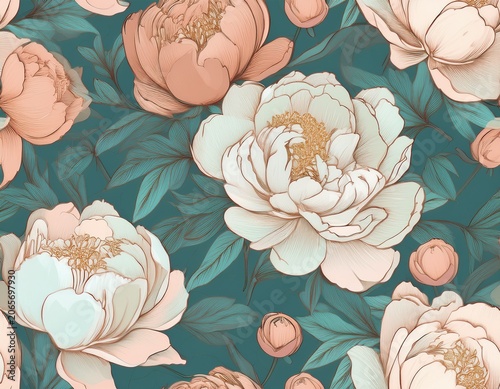 blooming peonies seamless pattern in pastel beige and turquoise colors