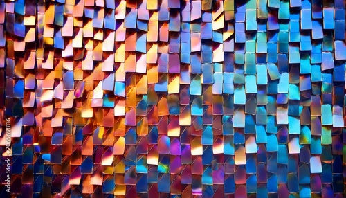 a wind driven shimmer wall backdrop featuring square iridescent holographic sequins these panels are a popular choice for event decorations due to their dynamic light reflecting properties