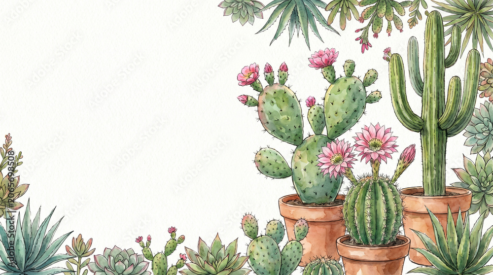 Fototapeta premium Elegant hand-painted watercolor cactus botanical presentation background with soft desert plants and clean copy space. Perfect for presentations, wellness, home decor, branding, social media, statione