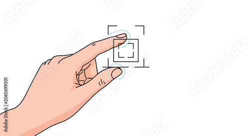 Human hand using index finger and thumb to perform a pinch-to-zoom gesture on a digital screen, indicated by square frame icons.