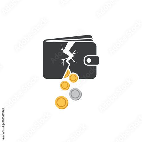 Cracked black wallet icon with falling gold coins.