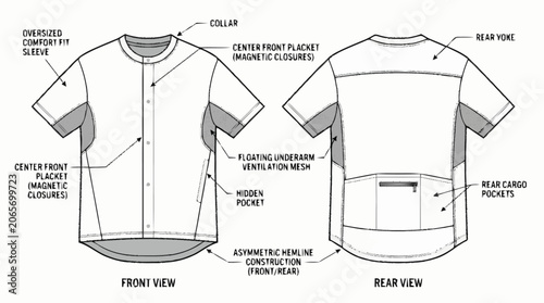 Photos Technical Drawing of Cycling Jersey Front and Rear Views.