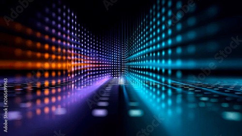 Abstrakter digitaler Hintergrund mit leuchtenden Partikeln, fließenden Wellen und futuristischen Datenstrukturen. Dynamische Komposition mit Tiefe, Bewegung und moderner Technologieästhetik.