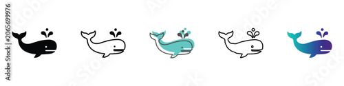 Tableau sur toile Set of stylized whale icons with water spouts in various simple graphic styles
