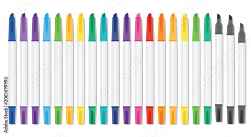 Collection of assorted colorful markers with caps removed displayed in a neat row for school supplies and creative art projects.