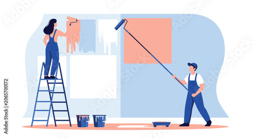 Two painters in blue overalls working on a wall using rollers and ladders for home renovation and interior design concepts.