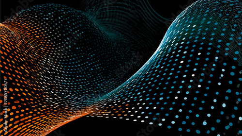 Abstrakter digitaler Hintergrund mit leuchtenden Partikeln, fließenden Wellen und futuristischen Datenstrukturen. Dynamische Komposition mit Tiefe, Bewegung und moderner Technologieästhetik.