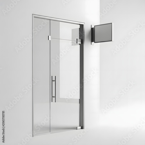 Modern minimalist glass entrance door with stainless steel vertical handles and a blank square wall-mounted lightbox sign on a clean white wall for retail or pharmacy mockup.