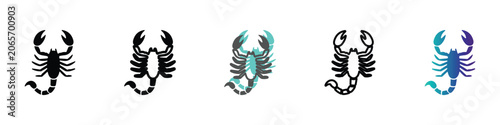Foto Collection of stylized scorpion icons in various artistic designs and color pale