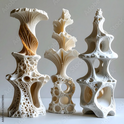 Three intricate, organic sculptures with curved, porous structures