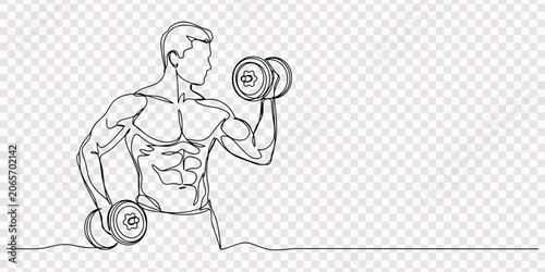 Foto Athletic man performing bicep curls with dumbbell in continuous line art style, transparent background, Continuous one line drawing of a strong athletic man performing bicep curls with dumbbells