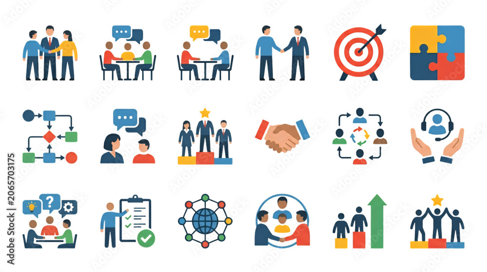 Fototapeta premium Teamwork Icon Set with Collaboration Leadership and Business Team Symbols Vector Collection