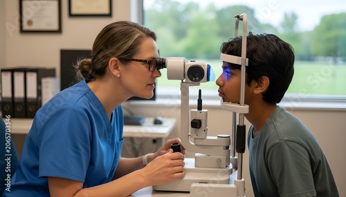 Close up of an eye doctor examining a child vision using a specialized diagnostic tool, pediatric healthcare, professional vision care