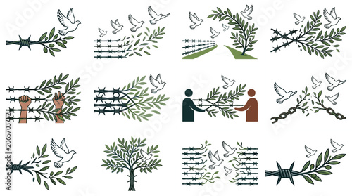 Photography Peace Dove and Olive Branch Breaking Barbed Wire Vector Illustration Set Symboli